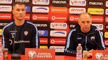 Conferința de presă dinaintea meciului Albania - Moldova. Serghei Cleșcenco și Veaceslav Posmac

