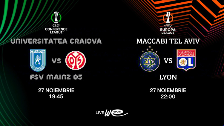 Cupele europene. Universitatea Craiova - FSV Mainz 05 și Maccabi Tel Aviv - Lyon, în direct la WE SPORT TV
