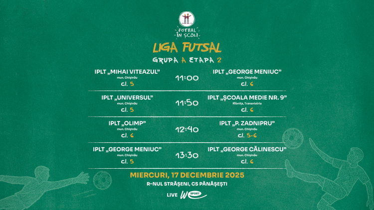 LIVE. „Fotbal în Școli – Liga Futsal”, ediția 2025/2026. Meciurile din 17 decembrie