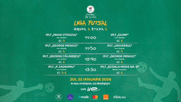 Fotbal în Școli – Liga Futsal, ediția 2025/2026. Programul meciurilor din 22 ianuarie
